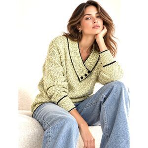 Vintage Gitano Knits Yellow Black Marled Textured V-Neck Sweater 80s 90s